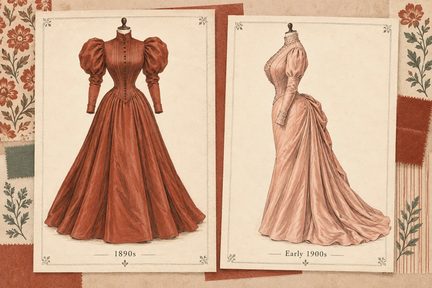 Terracotta and petal fashion illustration comparing an 1890s dress with broad puffed sleeves and a flared skirt to an early-1900s dress in curved side profile on cream atelier cards.