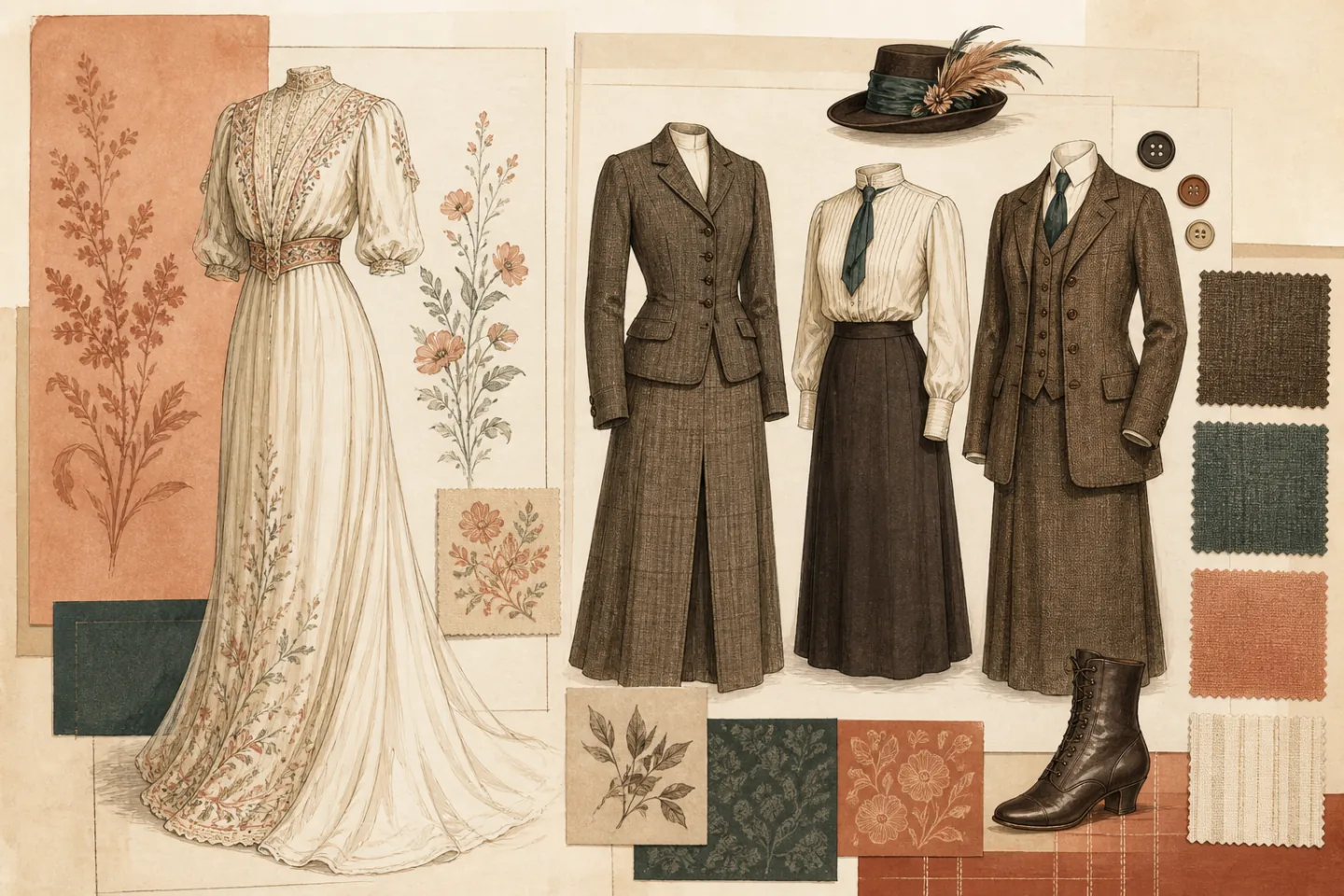 Illustrated atelier board showing a floral 1910s gown, tailored walking suit, shirtwaist and skirt, three-piece suit, hat, boot, buttons, and textile swatches in terracotta and cream.