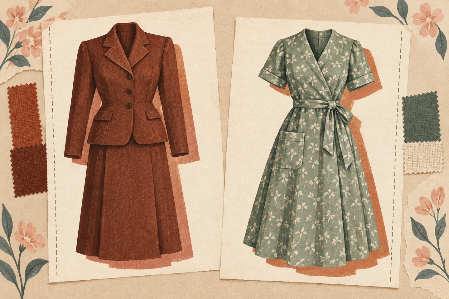 Illustrated terracotta jacket and skirt beside a sage wrap dress with a large pocket, arranged on cream paper with fabric swatches and floral accents.